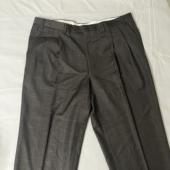 Canali Men's 100% Wool Flat Front Dress Pants Brown Plaid • Italy • 38x30 Flawed - Picture 4 of 15